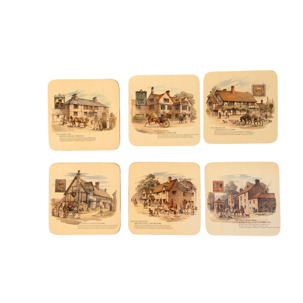 Vintage English Inns Coaster Set 6pc Multicolor Good Cork Backed Heritage Core